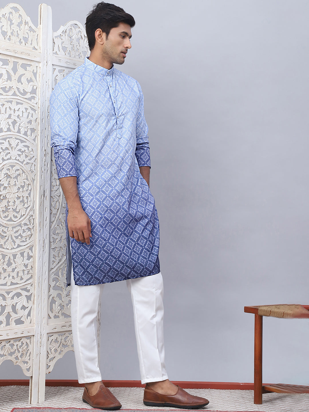 Mens Blue Ombre Printed Kurta Pyjama Set