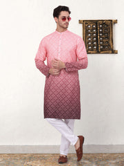 Men's Coral Red Ombre Printed Kurta Pyjama Set