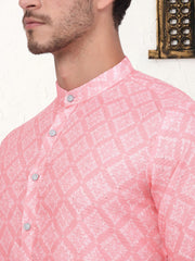 Men's Coral Red Ombre Printed Kurta Pyjama Set