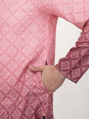 Men's Coral Red Ombre Printed Kurta Pyjama Set