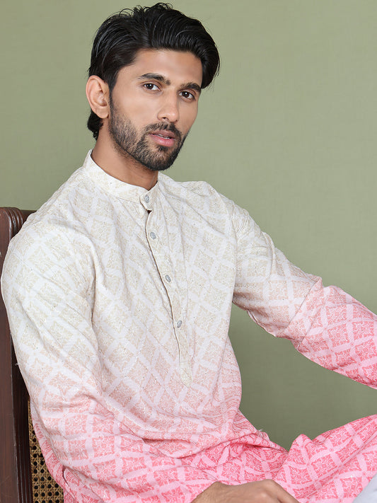 Peach Ombre Printed Kurta Pyjama Set For Men ( JOKP 5074Peach )