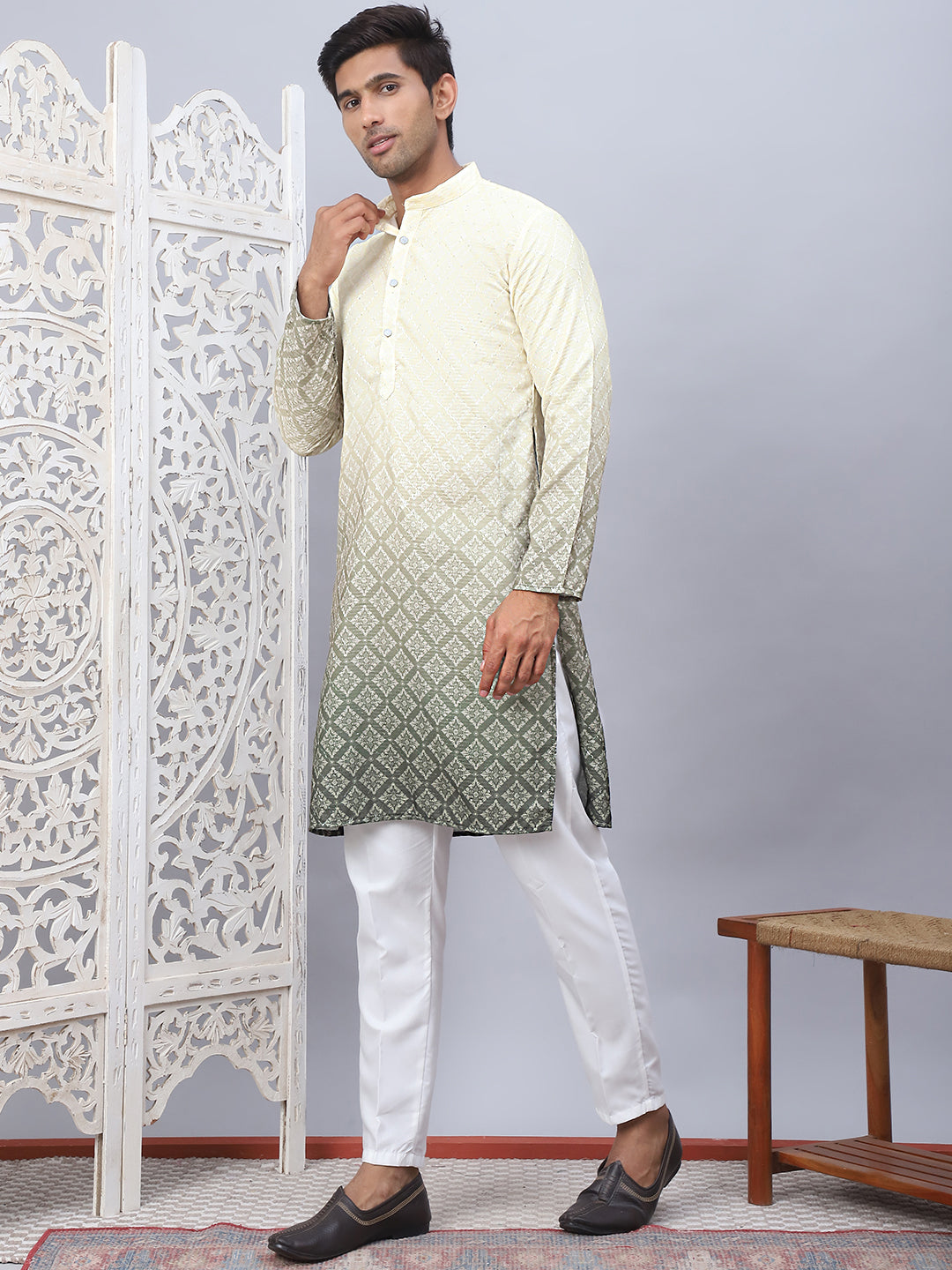 Mens Yellow Ombre Printed Kurta Pyjama Set