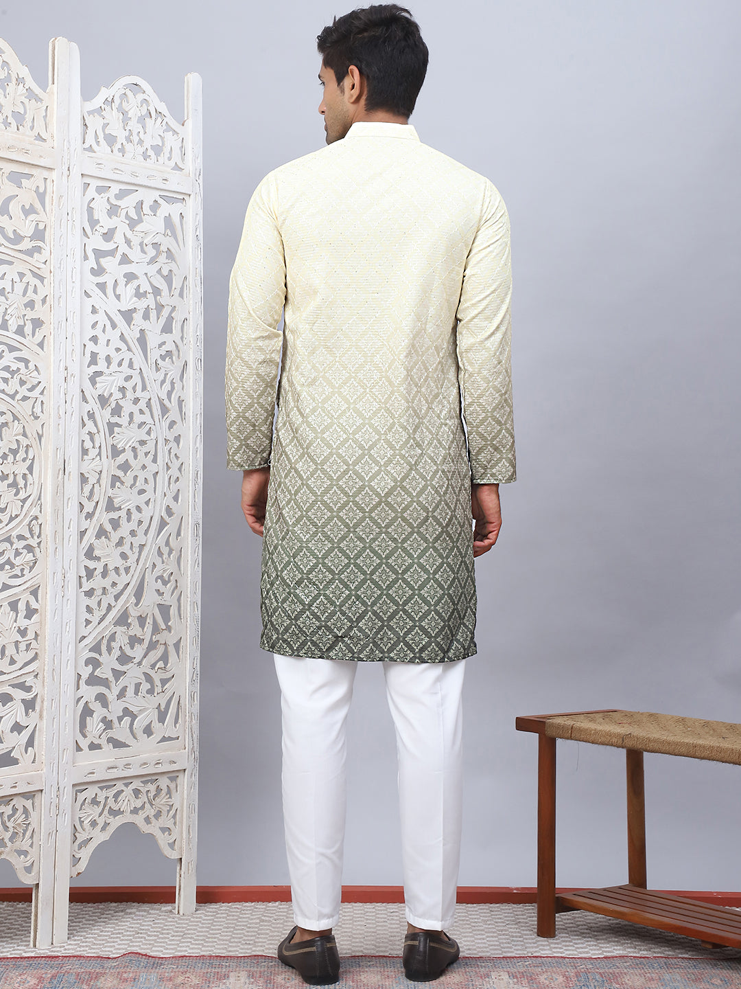 Mens Yellow Ombre Printed Kurta Pyjama Set