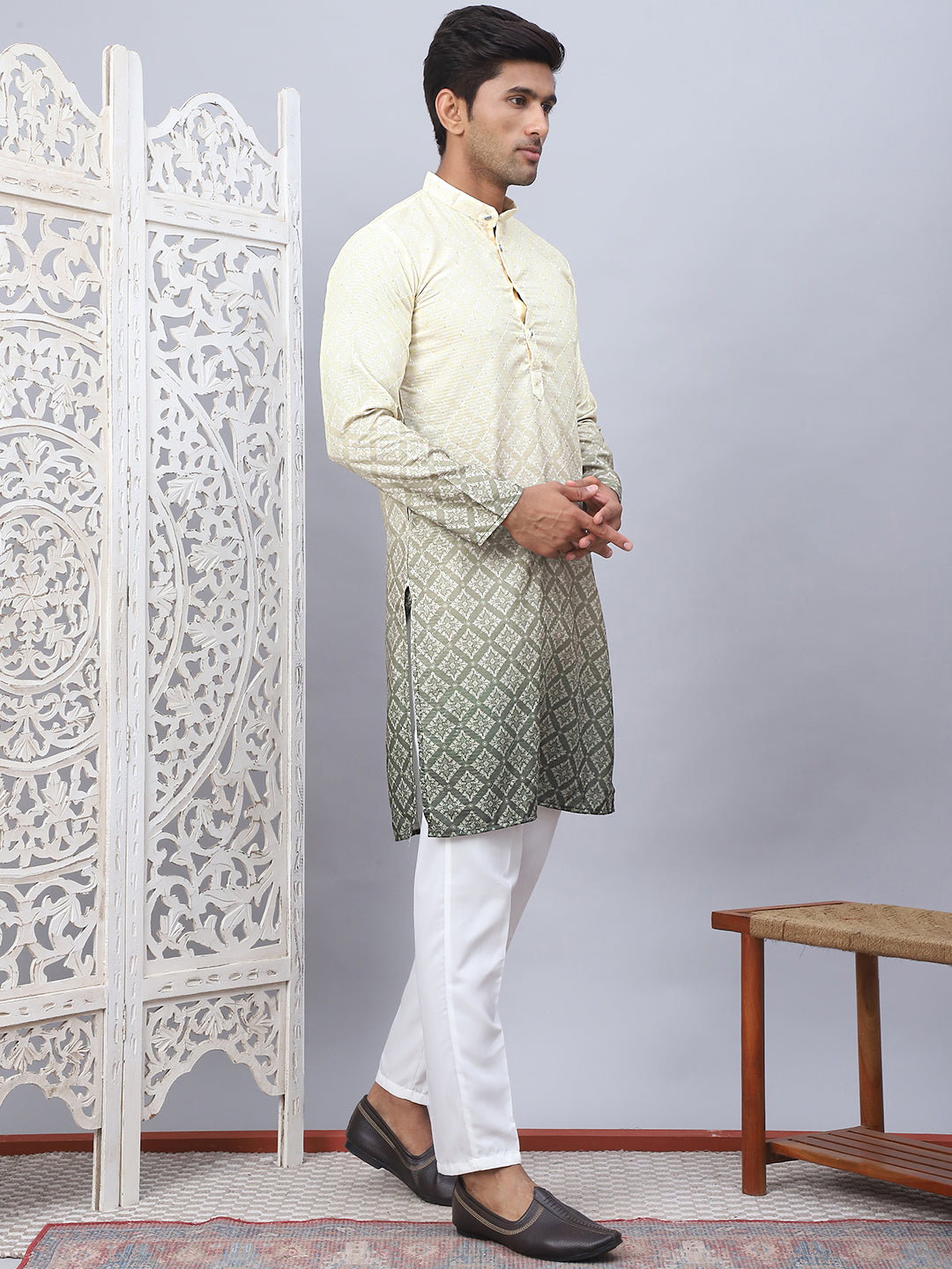 Mens Yellow Ombre Printed Kurta Pyjama Set