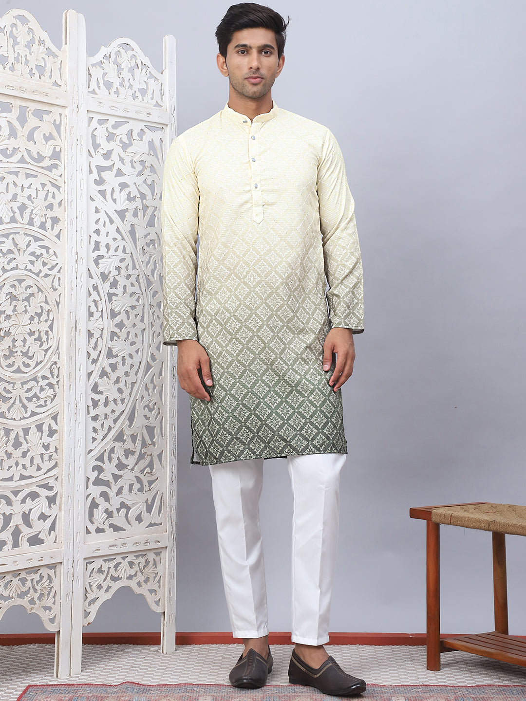Mens Yellow Ombre Printed Kurta Pyjama Set