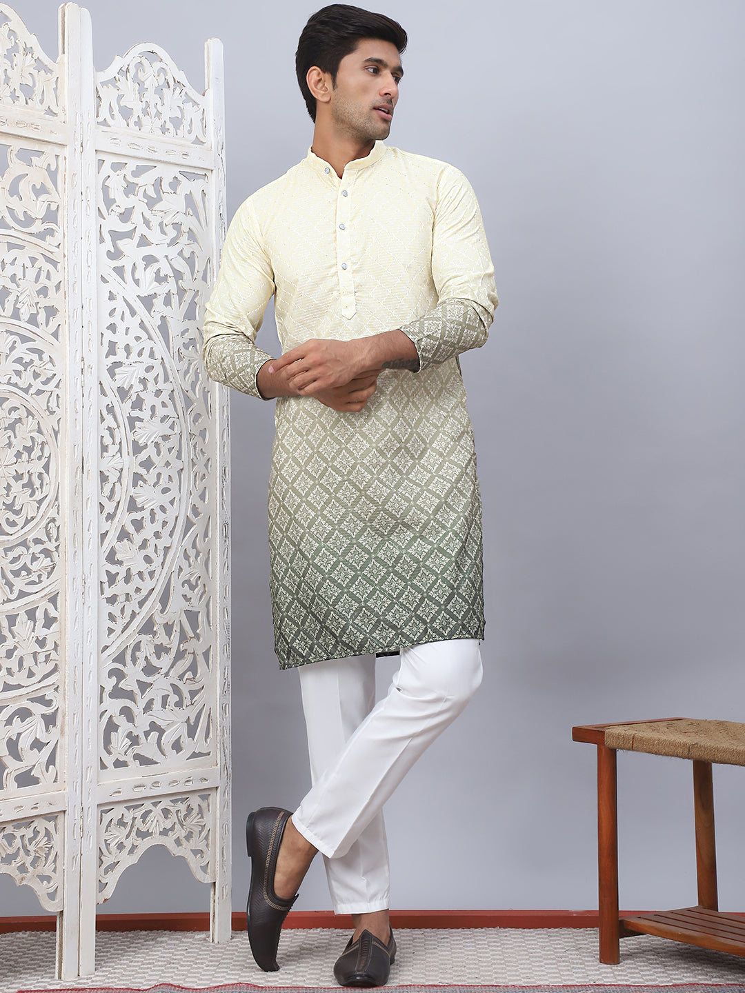 Mens Yellow Ombre Printed Kurta Pyjama Set