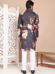 Men's Printed Pure Cotton Kurta Pyjama Set ( JOKP P 5079Black )