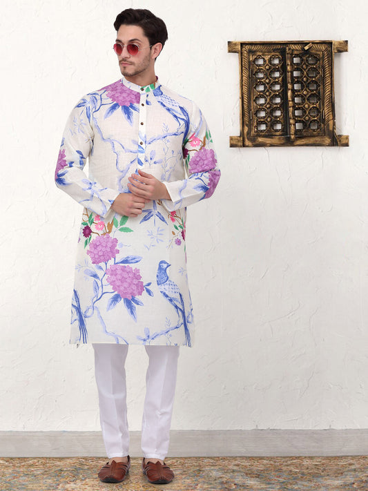 Mens Animal Printed Pure Cotton Straight Kurta Pyjama Set