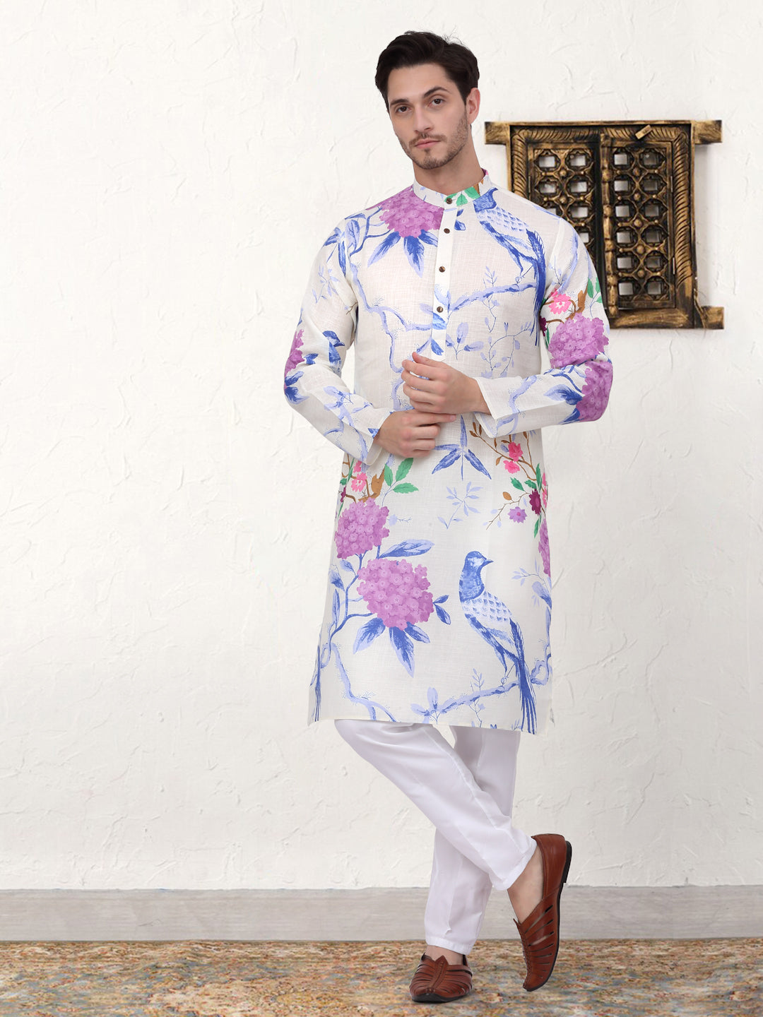 Mens Animal Printed Pure Cotton Straight Kurta Pyjama Set