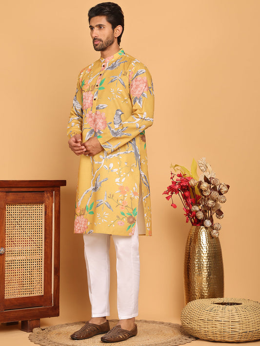 Jompers - Men's Animal Printed Pure Cotton Straight Kurta Pyjama Set ( JOKP P 5079 Mustard )