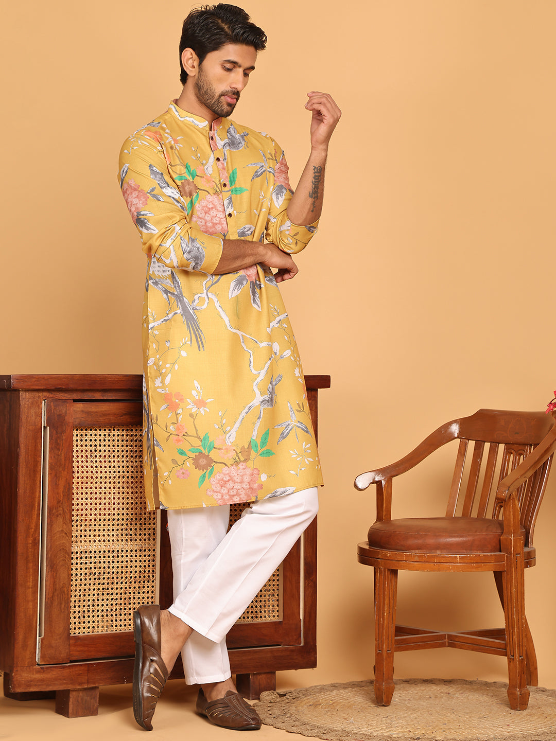 Jompers - Men's Animal Printed Pure Cotton Straight Kurta Pyjama Set ( JOKP P 5079 Mustard )