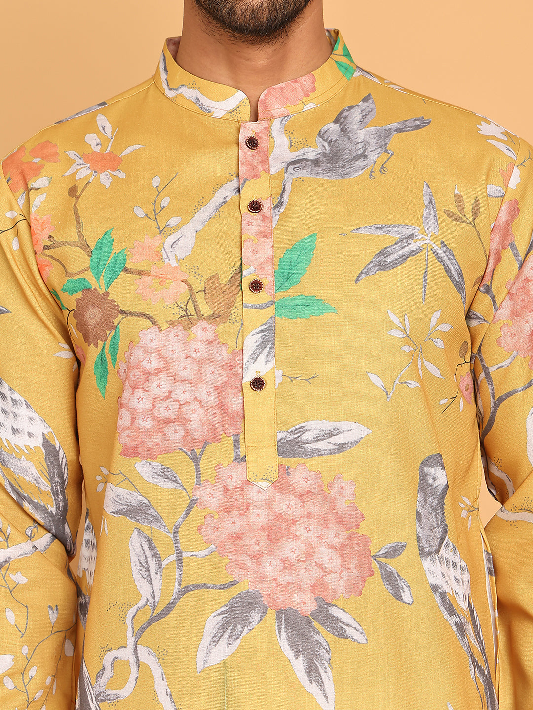Jompers - Men's Animal Printed Pure Cotton Straight Kurta Pyjama Set ( JOKP P 5079 Mustard )