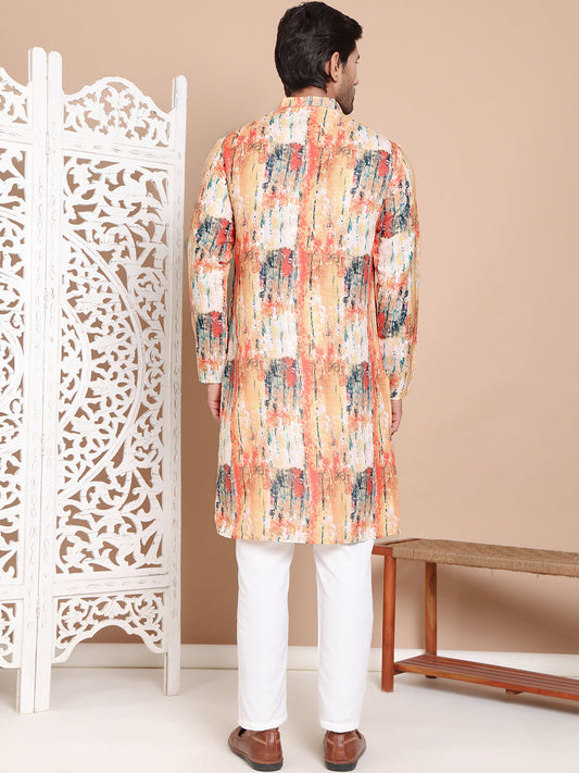 Men's Printed Pure Cotton Kurta Pyjama Set ( JOKP P 5079Orange )