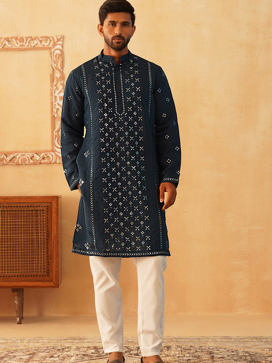 Embroidered & Sequin Cotton Blend Kurta Pyjama Sets