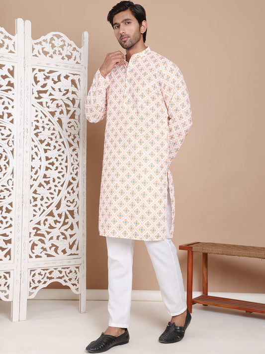 Printed and Emrbroidered Kurta Pyjama Set ( JOKP P 5097Orange )