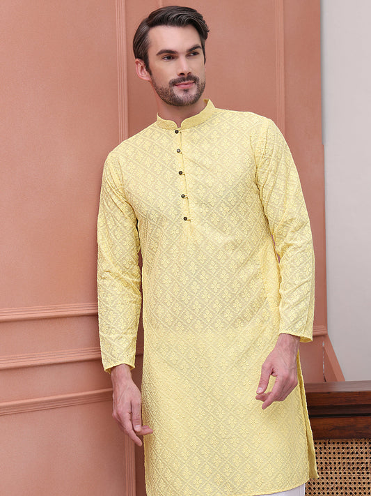Embroidered Cotton Kurta with Pyjama ( JOKP P 5099Lemon )