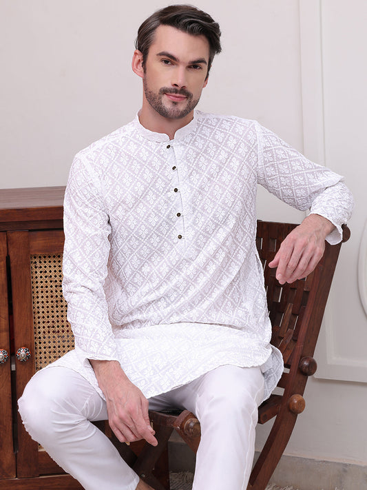 Embroidered Cotton Kurta with Pyjama ( JOKP P 5099White )