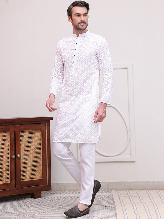 Embroidered Cotton Kurta with Pyjama ( JOKP P 5099White )