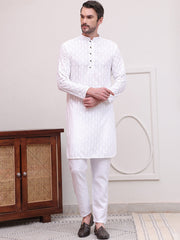 Embroidered Cotton Kurta with Pyjama ( JOKP P 5099White )