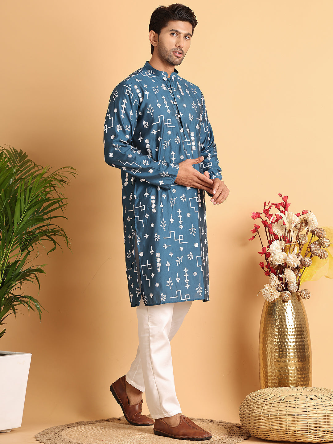 Jompers - Embroidered Silk Blend Straight Kurta Pyjama ( JOKP P 5126Peacock )
