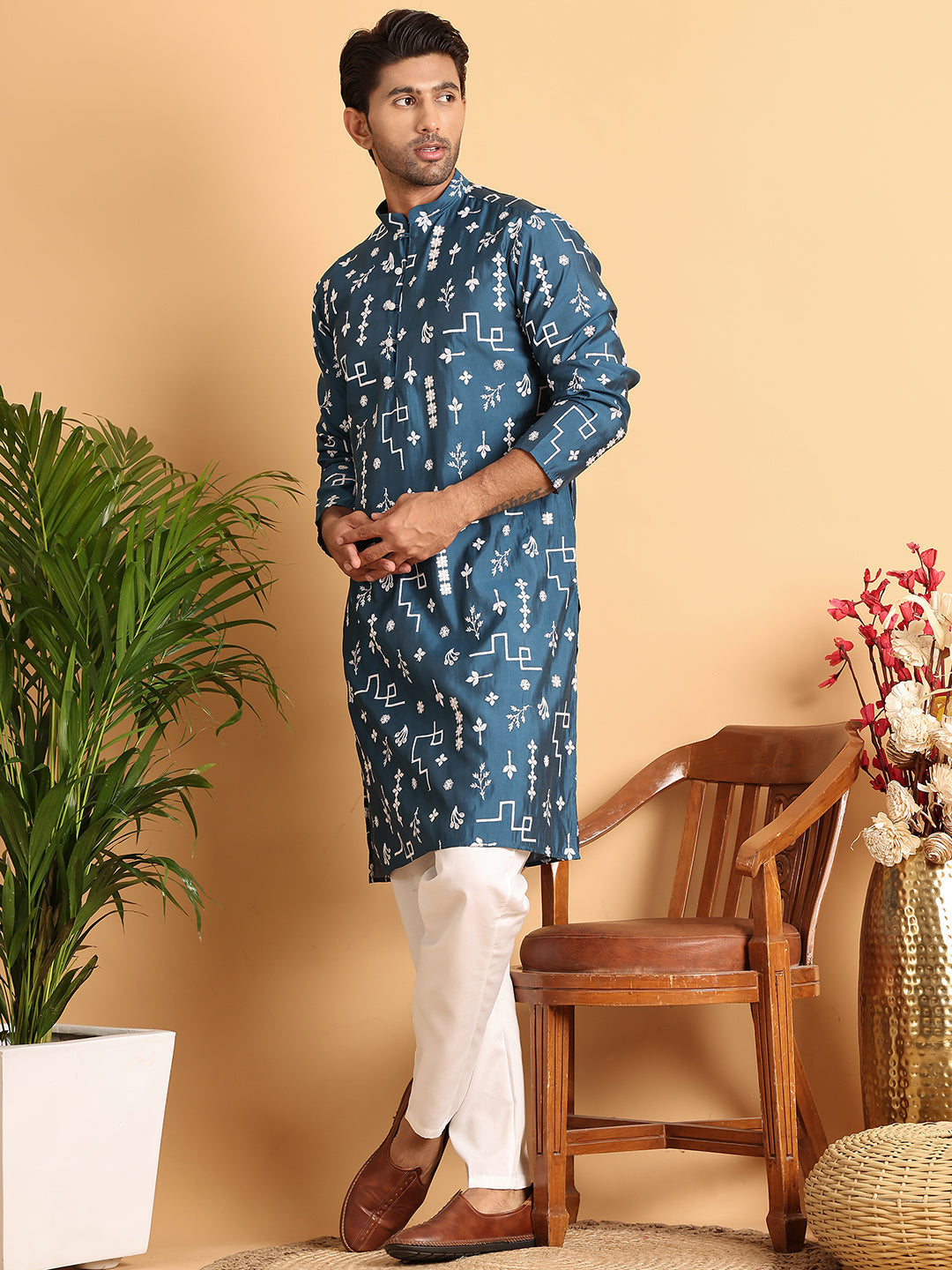 Jompers - Embroidered Silk Blend Straight Kurta Pyjama ( JOKP P 5126Peacock )