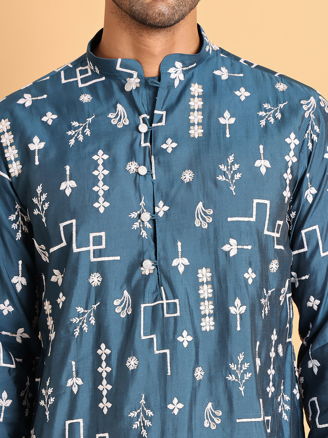 Jompers - Embroidered Silk Blend Straight Kurta Pyjama ( JOKP P 5126Peacock )