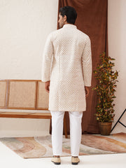 Sequins & Embroidered Kurta Pyjama Set For Men ( JOKP P 5128Beige )