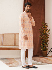 Embroidered Staight Kurta Pajama Set For Men ( JOKP P 5130Peach )