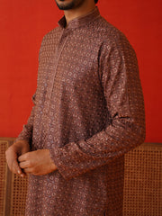 Embroidered Chikankari and Sequence Kurta Set For Men ( JOKP P 5131Rust )