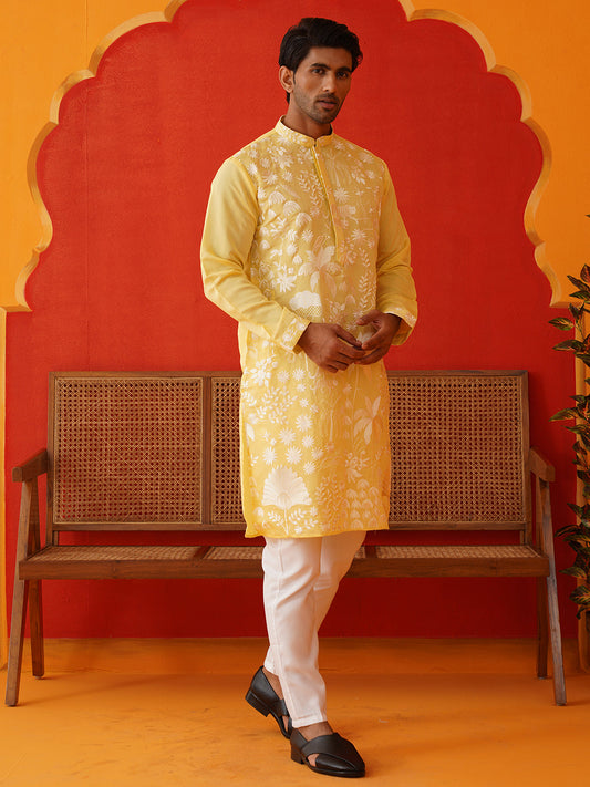 Embroidered Straight Kurta Pyjama Set ( JOKP P 5137Yellow )