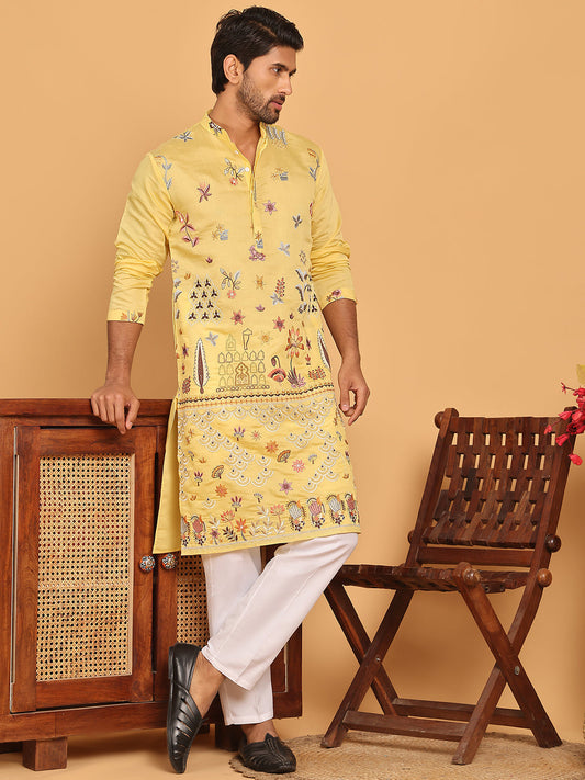 Jompers - Floral Embroidered and Sequins Kurta Set ( JOKP P 5140 Yellow )