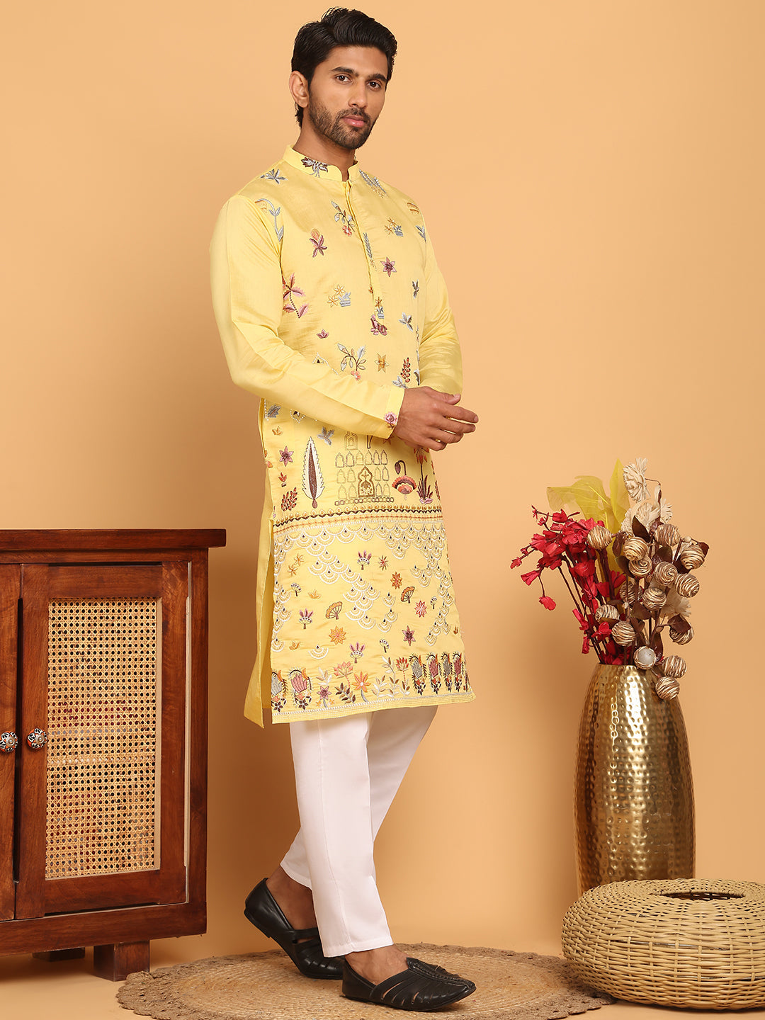 Jompers - Floral Embroidered and Sequins Kurta Set ( JOKP P 5140 Yellow )