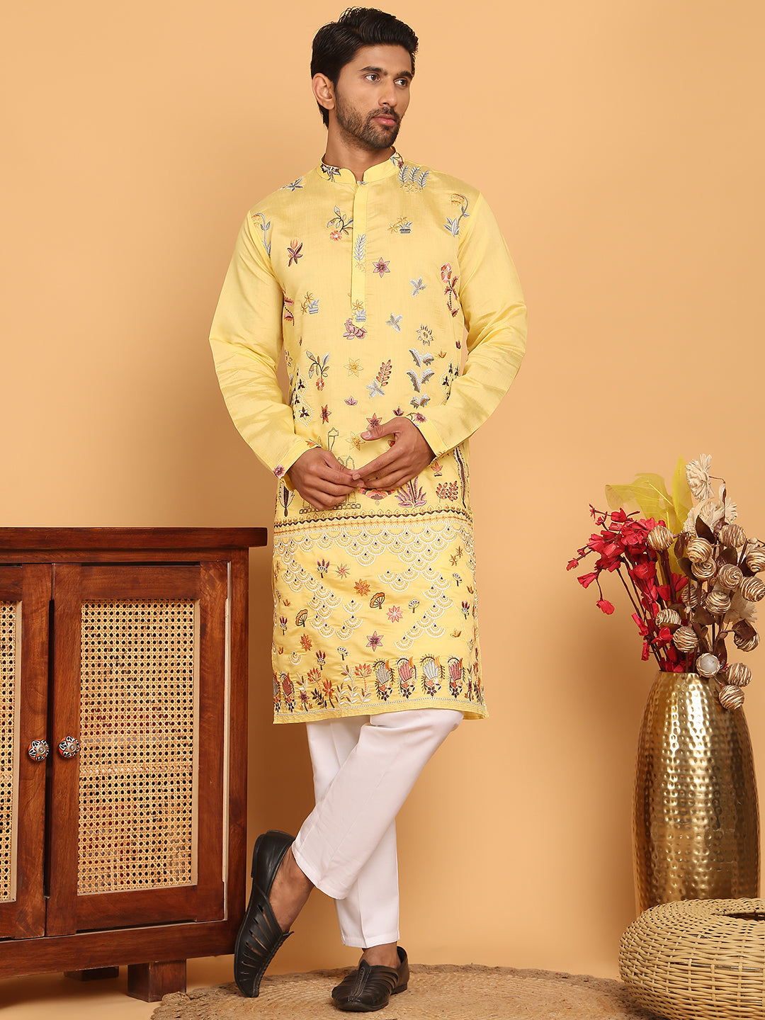 Jompers - Floral Embroidered and Sequins Kurta Set ( JOKP P 5140 Yellow )