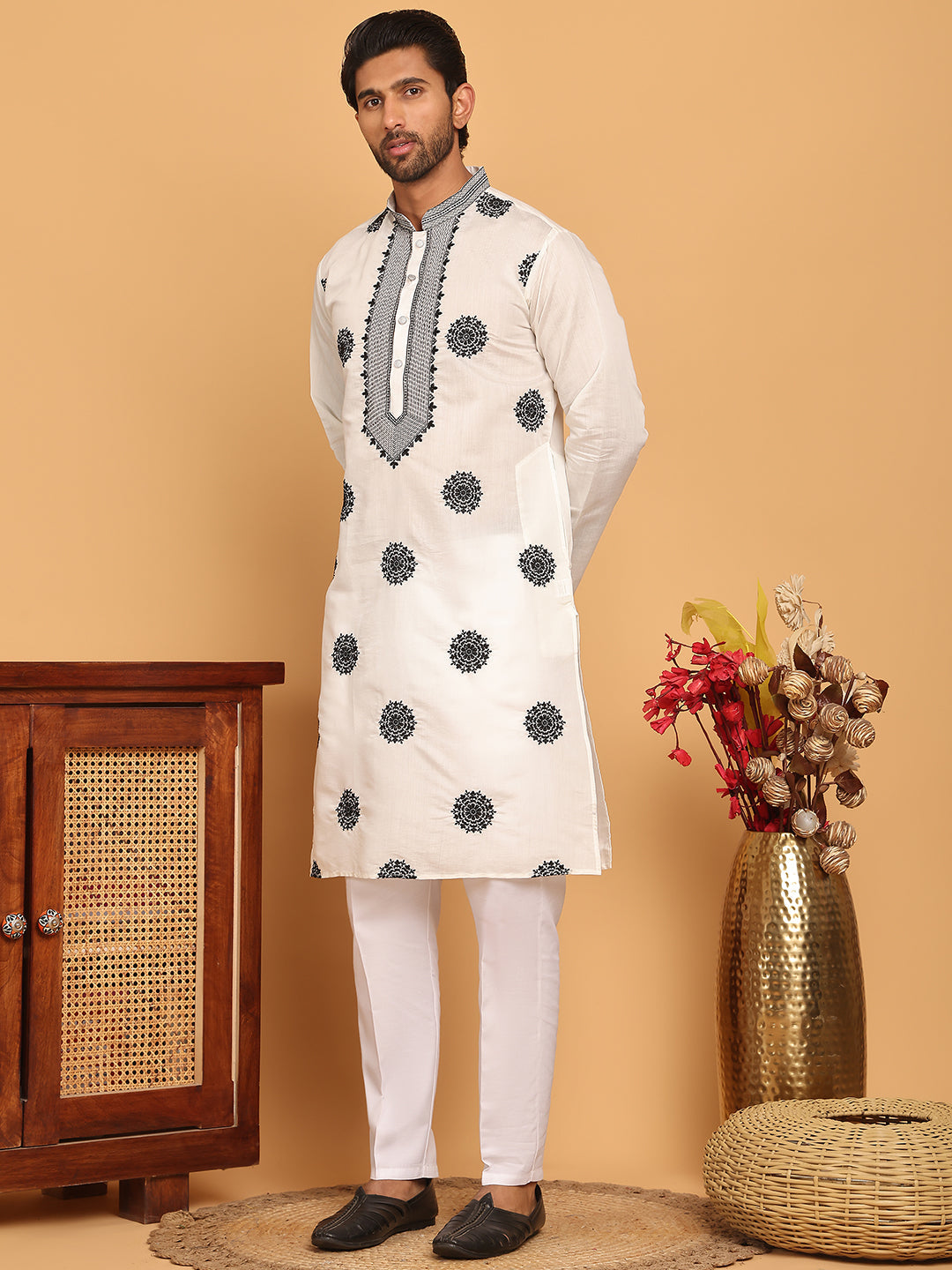Jompers - White Embroidered and Sequins Kurta Pyjama Set ( JOKP P 5167 White )