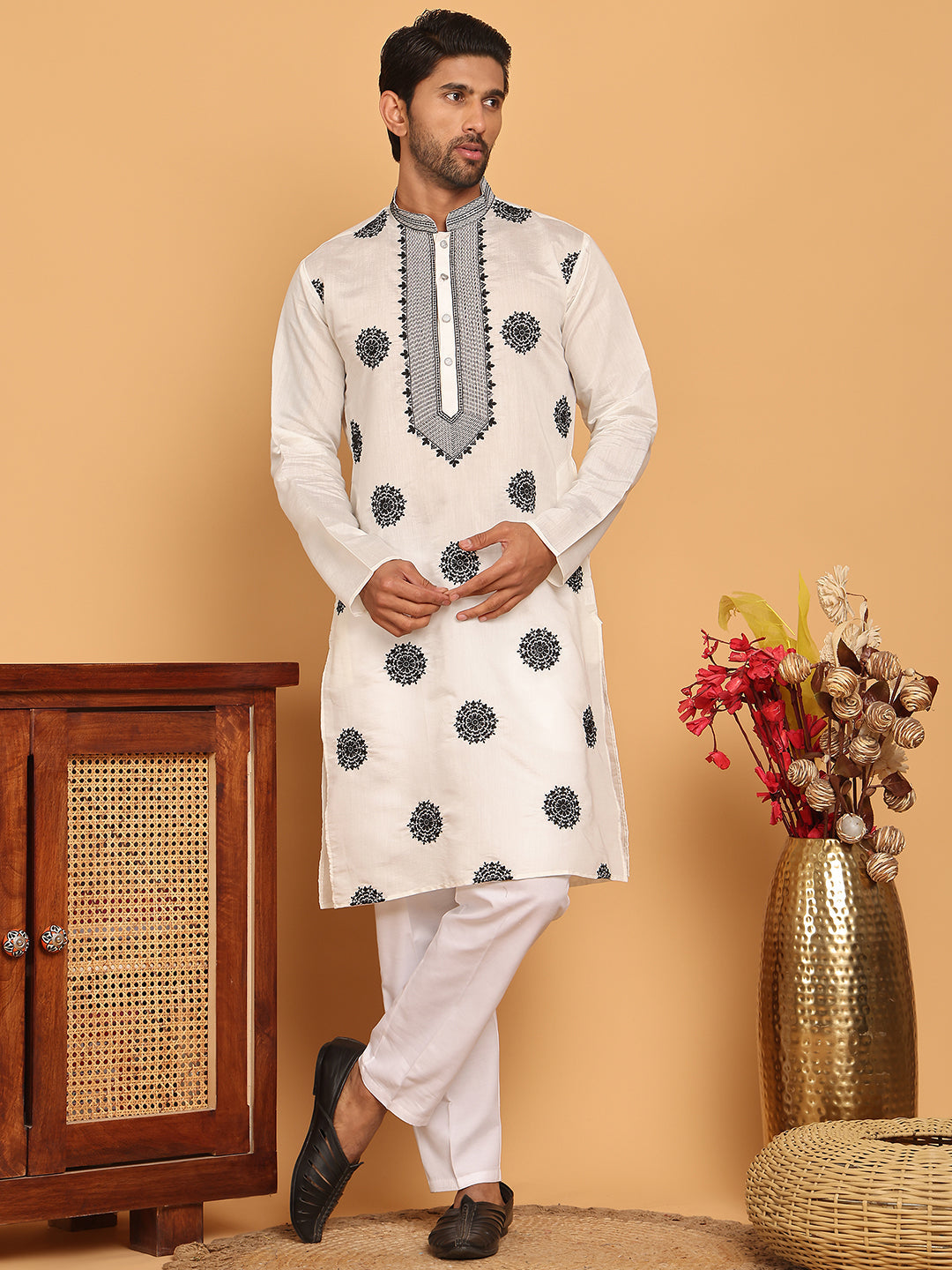 Jompers - White Embroidered and Sequins Kurta Pyjama Set ( JOKP P 5167 White )