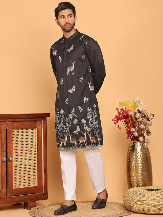 Embroidered Straight Kurta Set For Men ( JOKP P 5171 Black )