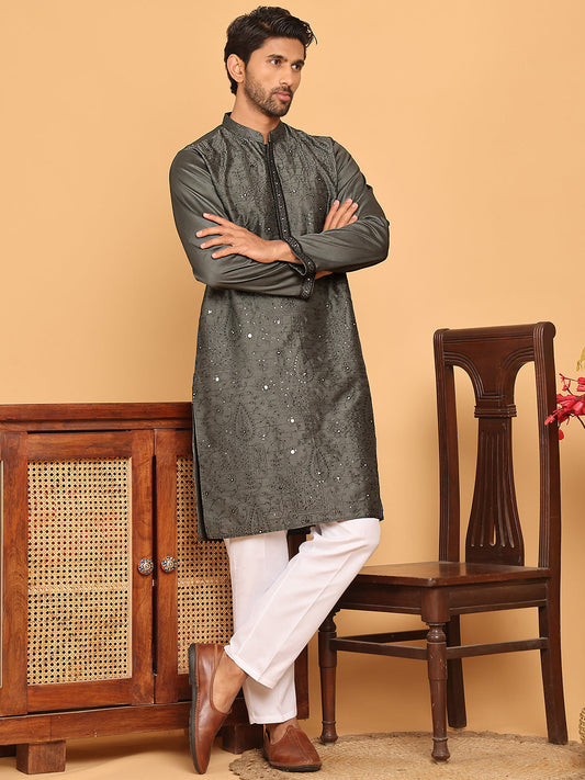 Sequins & Embroidered straight Kurta with Pyjamas ( JOKP P 5189 Grey )