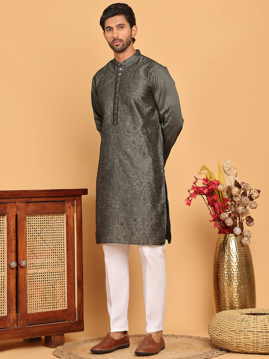 Sequins & Embroidered straight Kurta with Pyjamas ( JOKP P 5189 Grey )