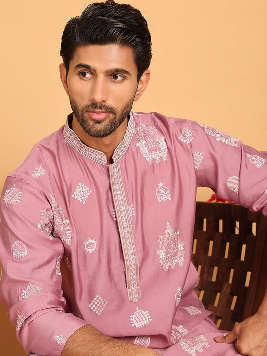 Embroidered Silk Blend Kurta Pyjama Set ( JOKP P 5191 Magenta )