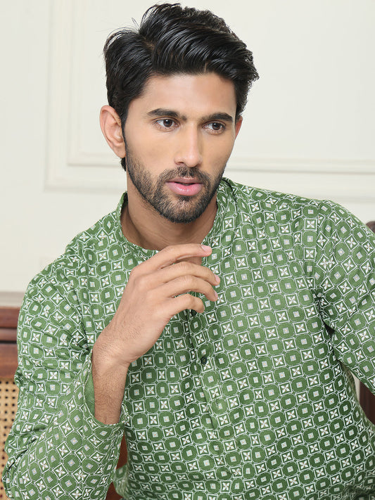 Men's Geometric Printed Kurta Set ( JOKP P 5198 Olive )