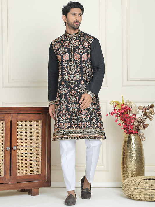 Floral Embroidered Straight Kurta Set ( JOKP P 5200 Black )