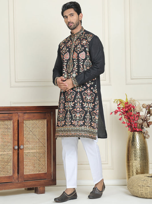Floral Embroidered Straight Kurta Set ( JOKP P 5200 Black )