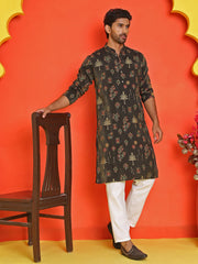 Printed Silk Blend Straight Kurta Set ( JOKP P 5218 Black )