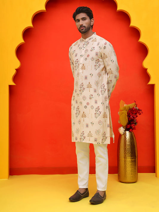 Printed Silk Blend Straight Kurta Set ( JOKP P 5218 Cream )