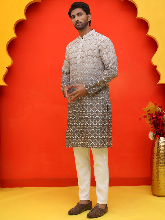 Ombre Printed & Embroidered Kurta Pyjama Set ( JOKP P 5222 Grey )