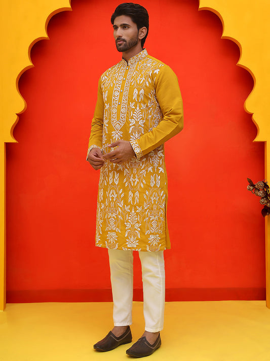 Embroidered & Sequins Kurta Set For Men ( JOKP P 5226 Mustard )