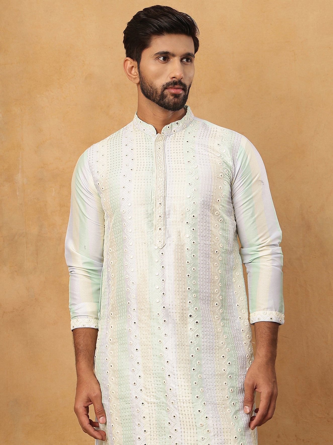 Embroidered And Mirror Work Straight Kurta Set For Men