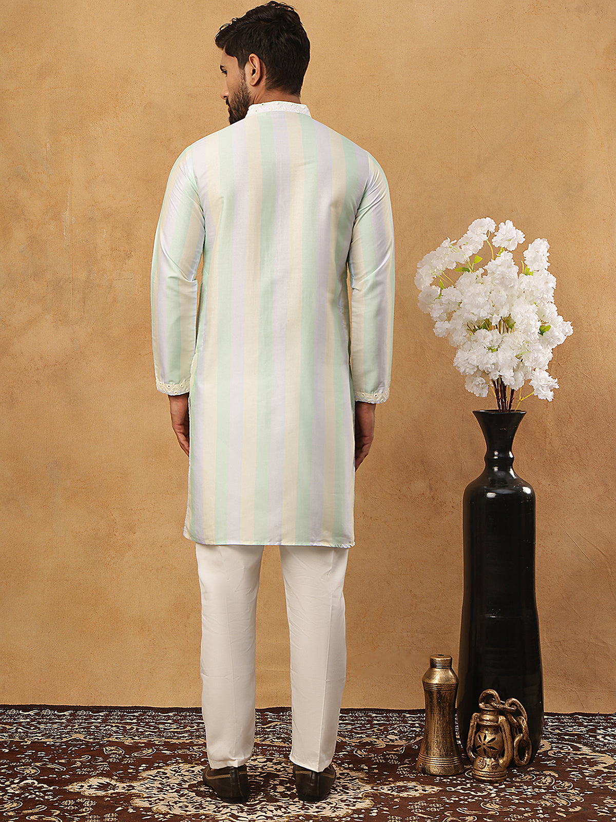 Embroidered And Mirror Work Straight Kurta Set For Men