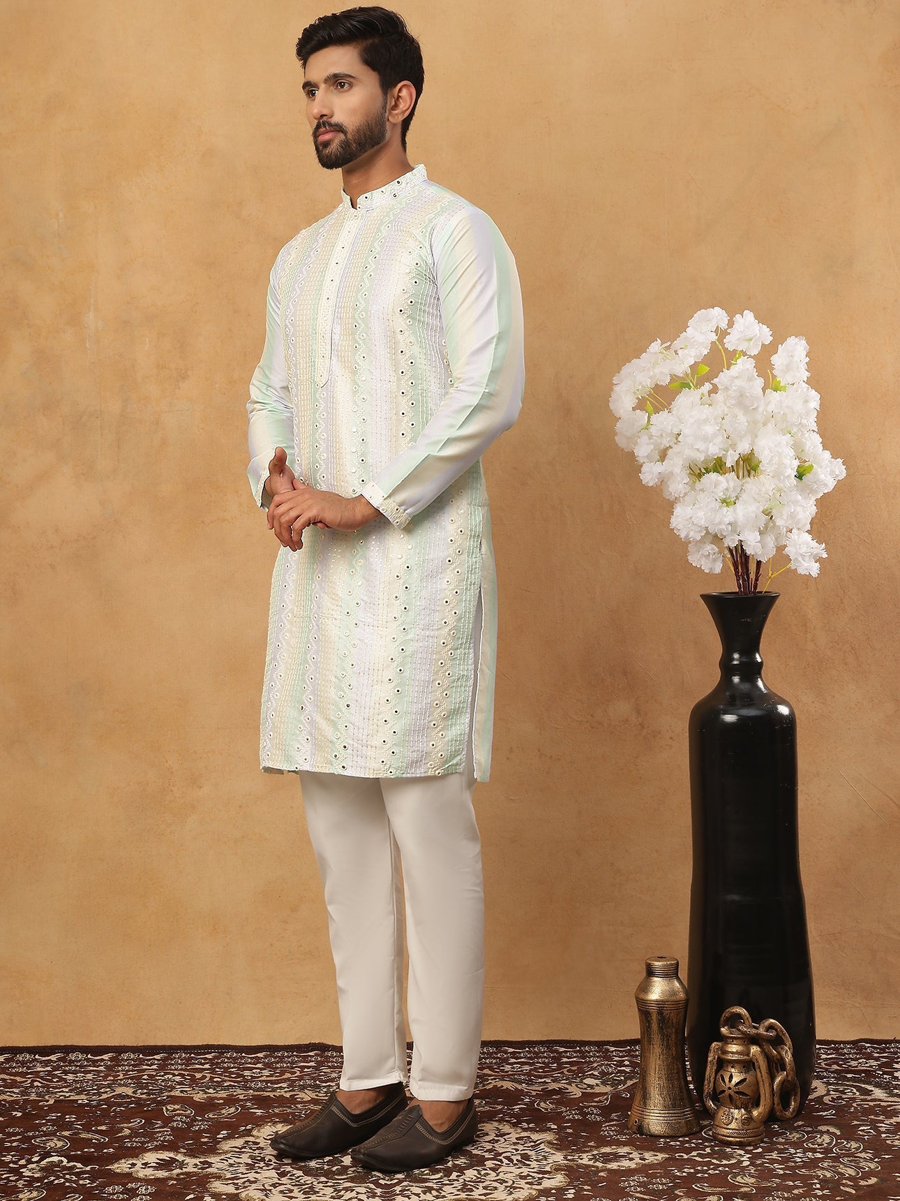 Embroidered And Mirror Work Straight Kurta Set For Men