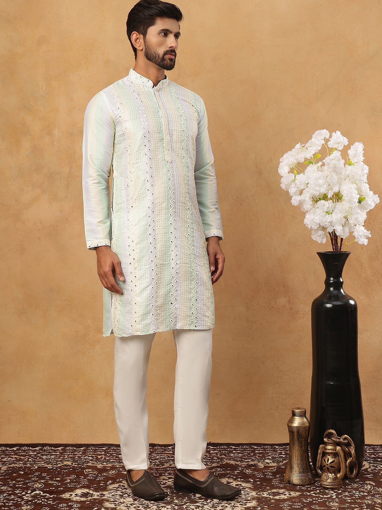 Embroidered And Mirror Work Straight Kurta Set For Men